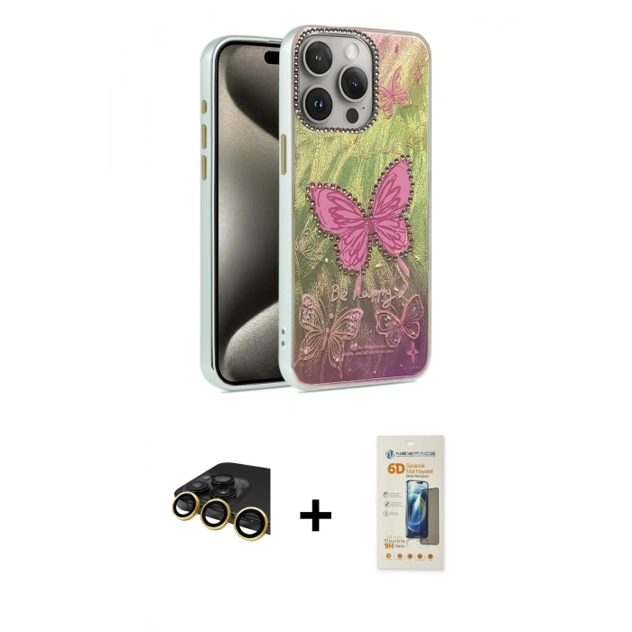 MARSİLYAN™- iPhone 14 Pro Kılıf Zirve Modern Prime - Siyah 6D Mat Seramik Hayalet Nano Ekran Koruyucu + Raze Metal Kamera Lens - GD
