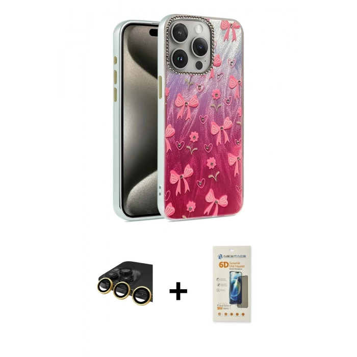 MARSİLYAN™- iPhone 14 Pro Kılıf Zirve Modern Prime - Siyah 6D Mat Seramik Hayalet Nano Ekran Koruyucu + Raze Metal Kamera Lens - GD