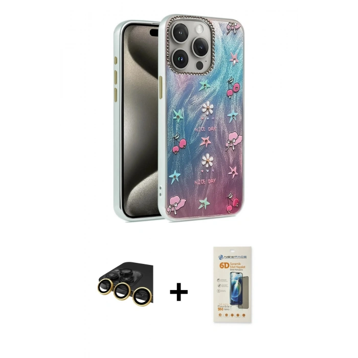 MARSİLYAN™- iPhone 14 Pro Kılıf Zirve Modern Prime - Siyah 6D Mat Seramik Hayalet Nano Ekran Koruyucu + Raze Metal Kamera Lens - GD