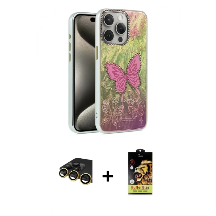 MARSİLYAN™- iPhone 14 Pro Kılıf Zirve Modern Prime - Siyah Buffer Cam Ekran Koruyucu + Raze Metal Kamera Lens - GD