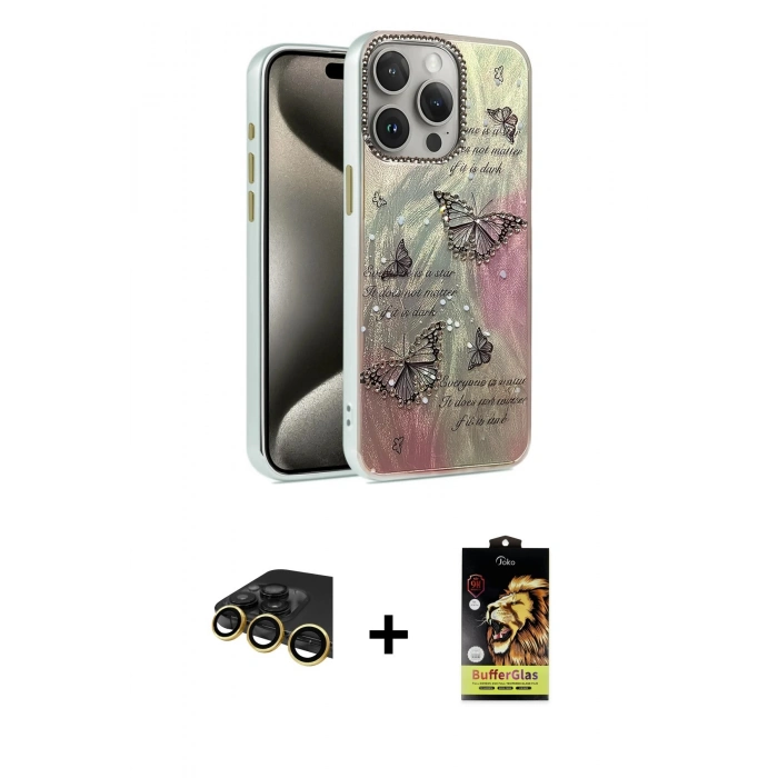 MARSİLYAN™- iPhone 14 Pro Kılıf Zirve Modern Prime - Siyah Buffer Cam Ekran Koruyucu + Raze Metal Kamera Lens - GD