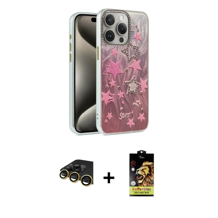 MARSİLYAN™- iPhone 14 Pro Kılıf Zirve Modern Prime - Siyah Buffer Cam Ekran Koruyucu + Raze Metal Kamera Lens - GD