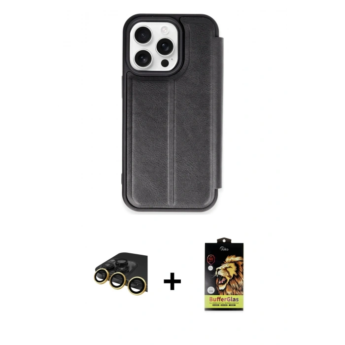 MARSİLYAN™- iPhone 14 Pro Kılıf Zirve Yansıma Serisi - Siyah Buffer Cam Ekran Koruyucu + Raze Metal Kamera Lens - GD