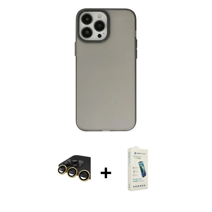 MARSİLYAN™- iPhone 14 Pro Max Kılıf Ahenk Çizgi Prime - Şeffaf Pasifik Cam Ekran Koruyucu + Raze Metal Kamera Lens - GD