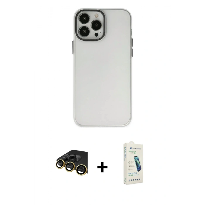 MARSİLYAN™- iPhone 14 Pro Max Kılıf Ahenk Çizgi Prime - Şeffaf Pasifik Cam Ekran Koruyucu + Raze Metal Kamera Lens - GD
