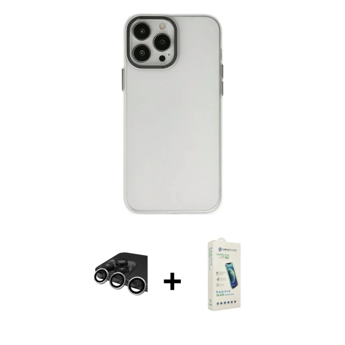 MARSİLYAN™- iPhone 14 Pro Max Kılıf Ahenk Çizgi Prime - Şeffaf Pasifik Cam Ekran Koruyucu + Gümüş Raze Metal Kamera Lens