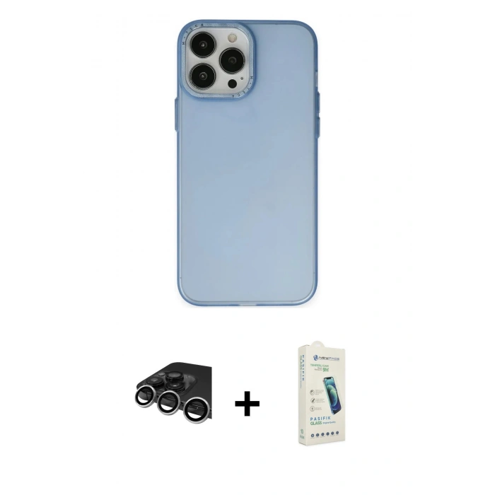 MARSİLYAN™- iPhone 14 Pro Max Kılıf Ahenk Çizgi Prime - Şeffaf Pasifik Cam Ekran Koruyucu + Gümüş Raze Metal Kamera Lens