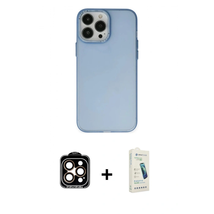 MARSİLYAN™- iPhone 14 Pro Max Kılıf Ahenk Çizgi Prime - Şeffaf Pasifik Cam Ekran Koruyucu + PVD Metal Kamera Lens - TU