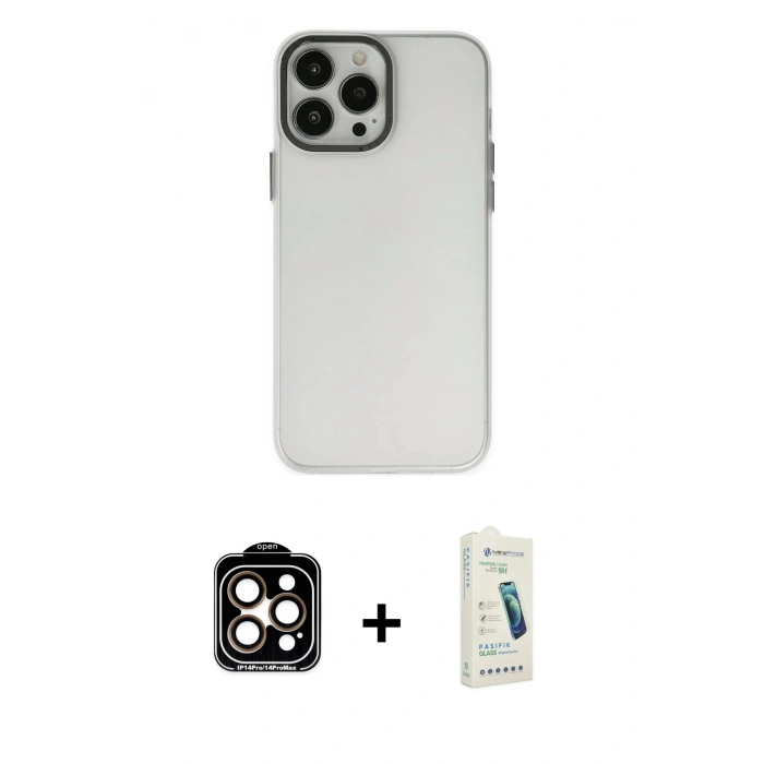 MARSİLYAN™- iPhone 14 Pro Max Kılıf Ahenk Çizgi Prime - Şeffaf Pasifik Cam Ekran Koruyucu + PVD Metal Kamera Lens - TU