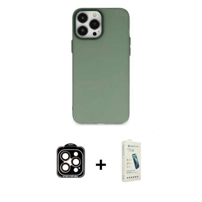 MARSİLYAN™- iPhone 14 Pro Max Kılıf Ahenk Çizgi Prime - Şeffaf Pasifik Cam Ekran Koruyucu + PVD Metal Kamera Lens - TU