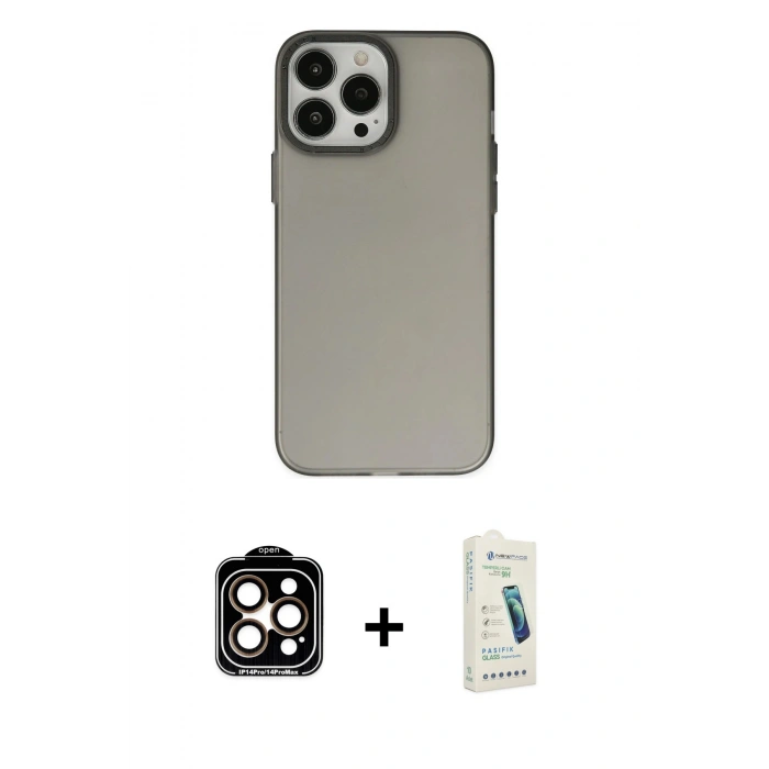 MARSİLYAN™- iPhone 14 Pro Max Kılıf Ahenk Çizgi Prime - Şeffaf Pasifik Cam Ekran Koruyucu + PVD Metal Kamera Lens - TU