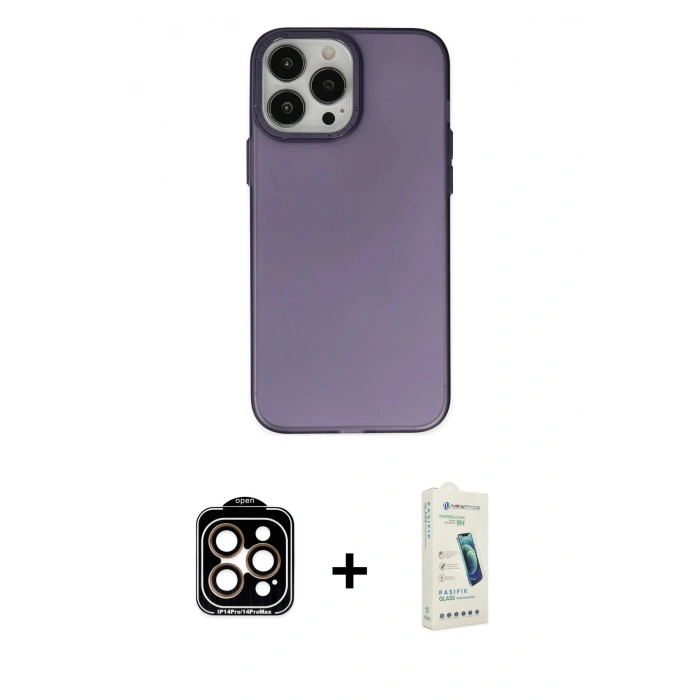 MARSİLYAN™- iPhone 14 Pro Max Kılıf Ahenk Çizgi Prime - Şeffaf Pasifik Cam Ekran Koruyucu + PVD Metal Kamera Lens - TU