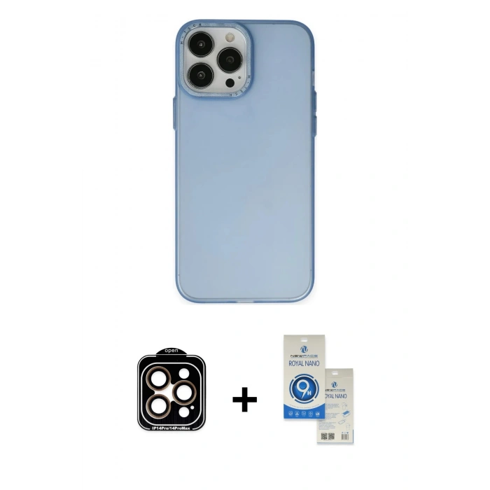 MARSİLYAN™- iPhone 14 Pro Max Kılıf Ahenk Çizgi Prime - Şeffaf Royal Nano Ekran Koruyucu + Turuncu PVD Metal Kamera Lens
