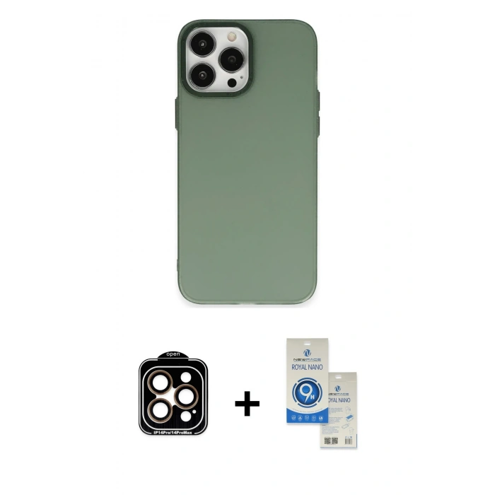 MARSİLYAN™- iPhone 14 Pro Max Kılıf Ahenk Çizgi Prime - Şeffaf Royal Nano Ekran Koruyucu + Turuncu PVD Metal Kamera Lens