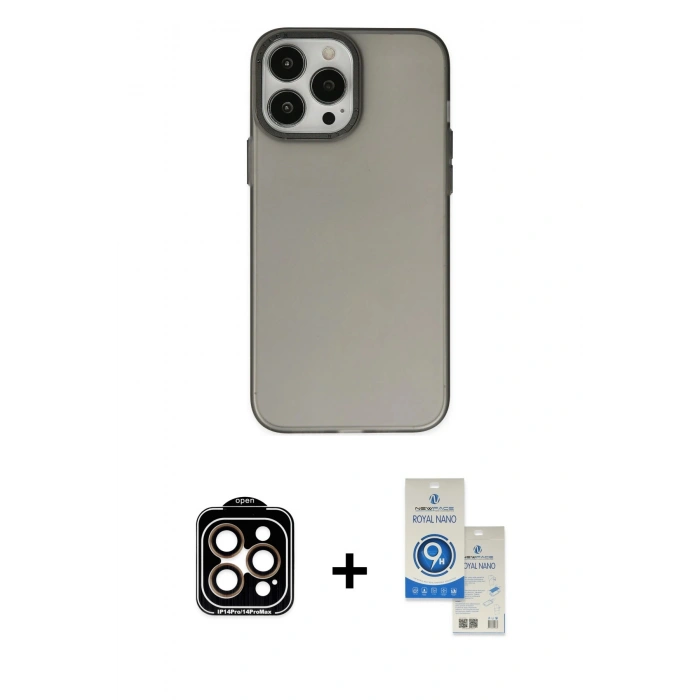 MARSİLYAN™- iPhone 14 Pro Max Kılıf Ahenk Çizgi Prime - Şeffaf Royal Nano Ekran Koruyucu + Turuncu PVD Metal Kamera Lens