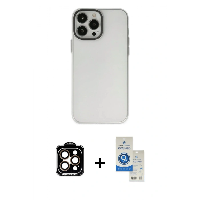 MARSİLYAN™- iPhone 14 Pro Max Kılıf Ahenk Çizgi Prime - Şeffaf Royal Nano Ekran Koruyucu + Turuncu PVD Metal Kamera Lens