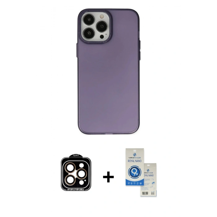 MARSİLYAN™- iPhone 14 Pro Max Kılıf Ahenk Çizgi Prime - Şeffaf Royal Nano Ekran Koruyucu + Turuncu PVD Metal Kamera Lens