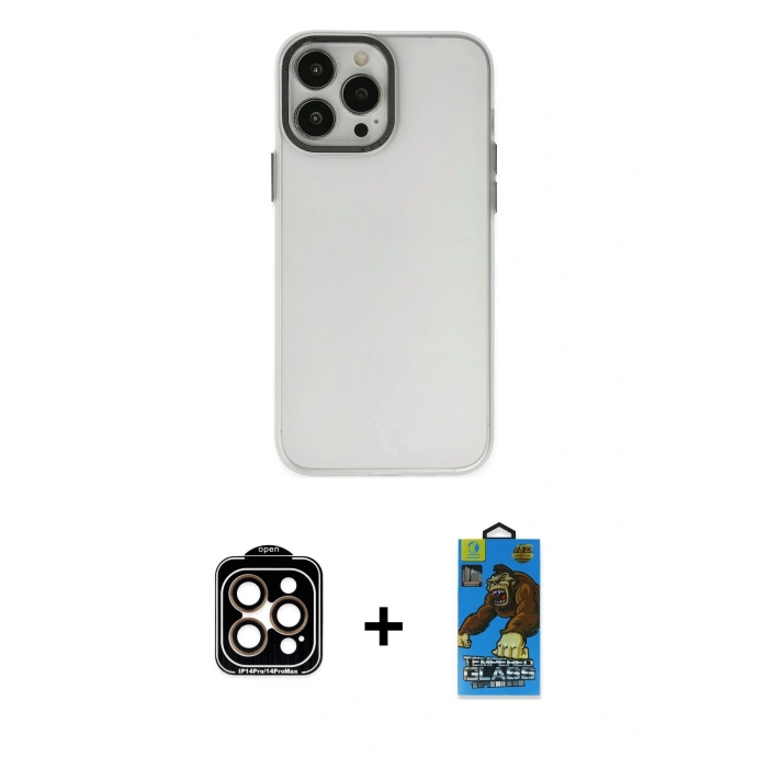 MARSİLYAN™- iPhone 14 Pro Max Kılıf Ahenk Çizgi Prime - Siyah 18D Cam Ekran Koruyucu + Turuncu PVD Metal Kamera Lens