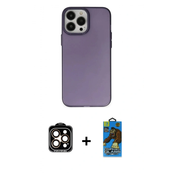 MARSİLYAN™- iPhone 14 Pro Max Kılıf Ahenk Çizgi Prime - Siyah 18D Cam Ekran Koruyucu + Turuncu PVD Metal Kamera Lens