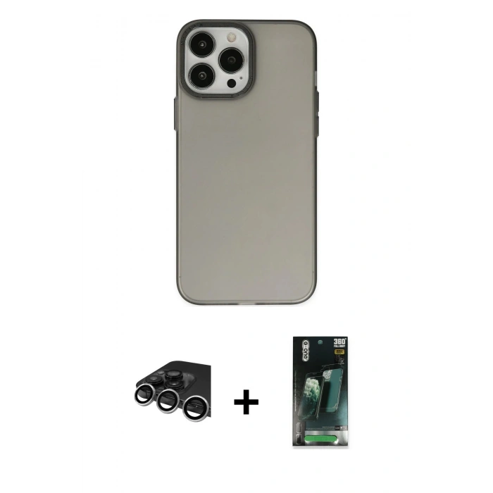 MARSİLYAN™- iPhone 14 Pro Max Kılıf Ahenk Çizgi Prime - Siyah 360 Mat Full Body Arka Koruyucu + Raze Metal Kamera Lens - GS