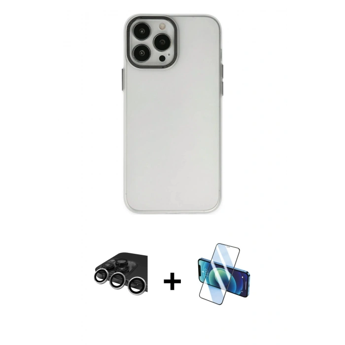MARSİLYAN™- iPhone 14 Pro Max Kılıf Ahenk Çizgi Prime - Siyah 3D Antistatik Cam Ekran Koruyucu + Raze Metal Kamera Lens - GS