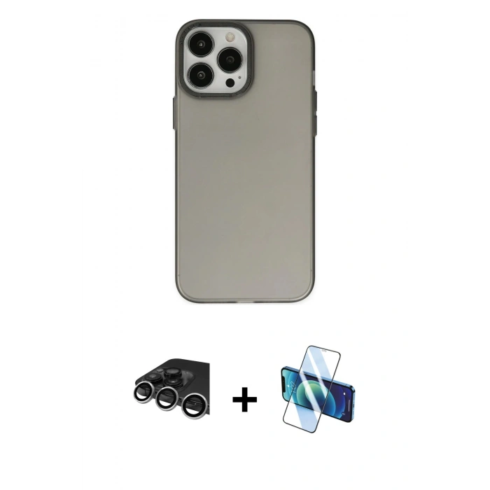 MARSİLYAN™- iPhone 14 Pro Max Kılıf Ahenk Çizgi Prime - Siyah 3D Antistatik Cam Ekran Koruyucu + Raze Metal Kamera Lens - GS