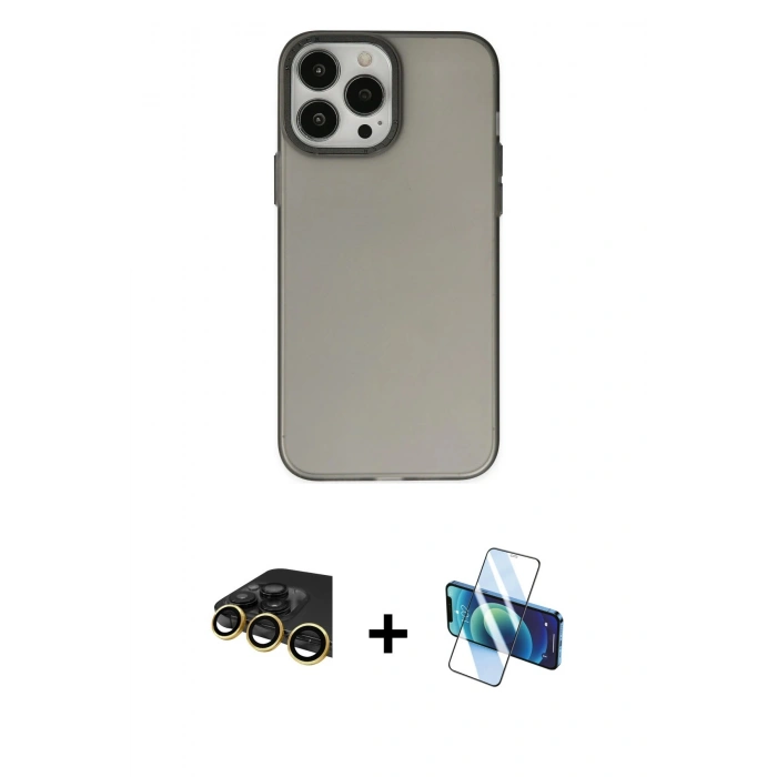MARSİLYAN™- iPhone 14 Pro Max Kılıf Ahenk Çizgi Prime - Siyah 3D Antistatik Cam Ekran Koruyucu + Raze Metal Kamera Lens - GD