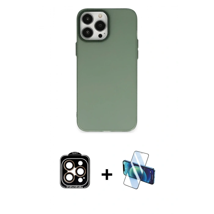 MARSİLYAN™- iPhone 14 Pro Max Kılıf Ahenk Çizgi Prime - Siyah 3D Antistatik Cam Ekran Koruyucu + Turuncu PVD Metal Kamera Lens