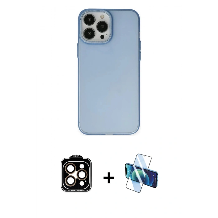 MARSİLYAN™- iPhone 14 Pro Max Kılıf Ahenk Çizgi Prime - Siyah 3D Antistatik Cam Ekran Koruyucu + Turuncu PVD Metal Kamera Lens