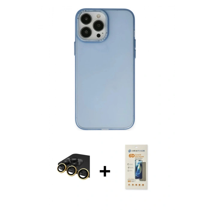 MARSİLYAN™- iPhone 14 Pro Max Kılıf Ahenk Çizgi Prime - Siyah 6D Mat Seramik Hayalet Nano Ekran Koruyucu + Gold Raze Metal Kamera Lens