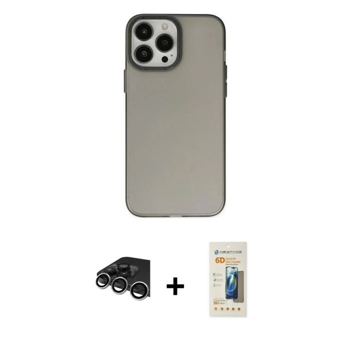 MARSİLYAN™- iPhone 14 Pro Max Kılıf Ahenk Çizgi Prime - Siyah 6D Mat Seramik Hayalet Nano Ekran Koruyucu + Raze Metal Kamera Lens - GS