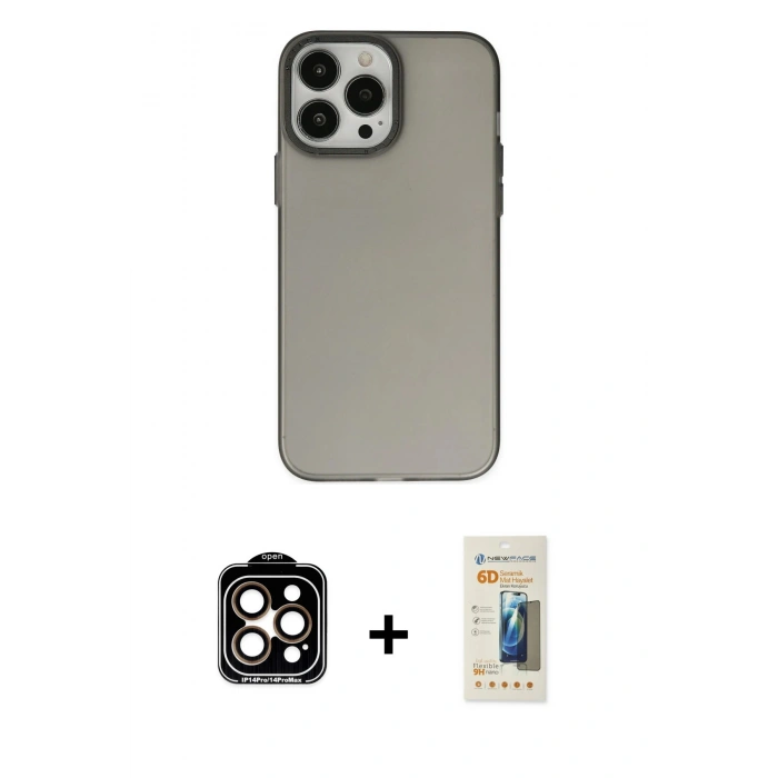 MARSİLYAN™- iPhone 14 Pro Max Kılıf Ahenk Çizgi Prime - Siyah 6D Mat Seramik Hayalet Nano Ekran Koruyucu + PVD Metal Kamera Lens - TU