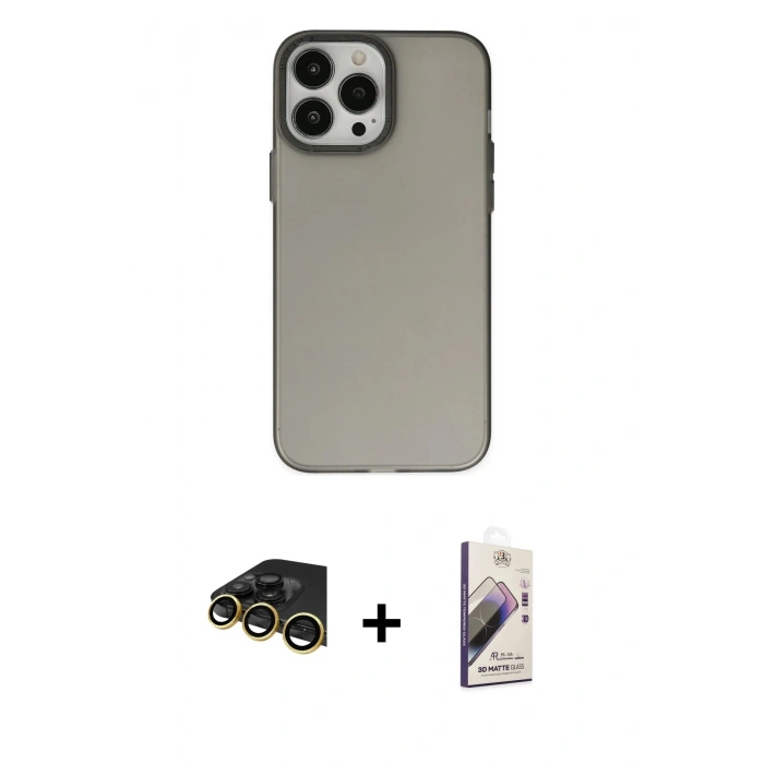 MARSİLYAN™- iPhone 14 Pro Max Kılıf Ahenk Çizgi Prime - Siyah Bilvis 3D Mat Cam Ekran Koruyucu + Raze Metal Kamera Lens - GD