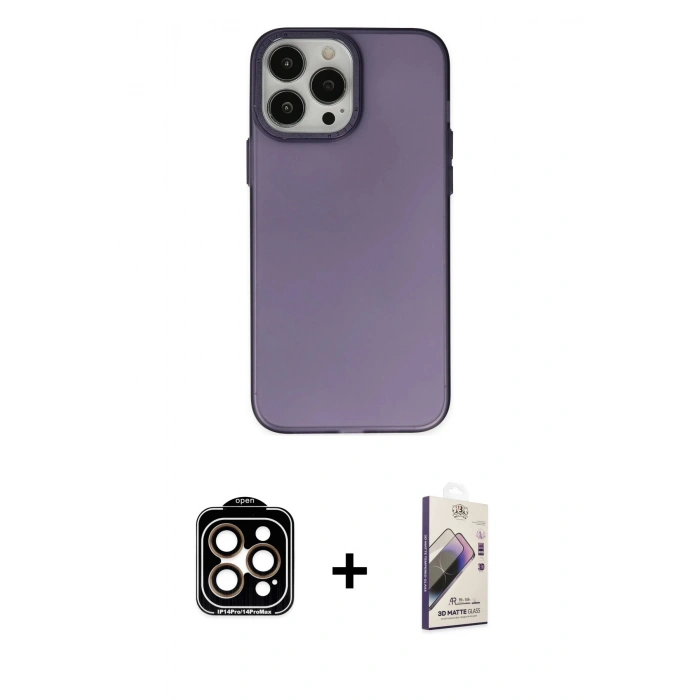 MARSİLYAN™- iPhone 14 Pro Max Kılıf Ahenk Çizgi Prime - Siyah Bilvis 3D Mat Cam Ekran Koruyucu + PVD Metal Kamera Lens - TU