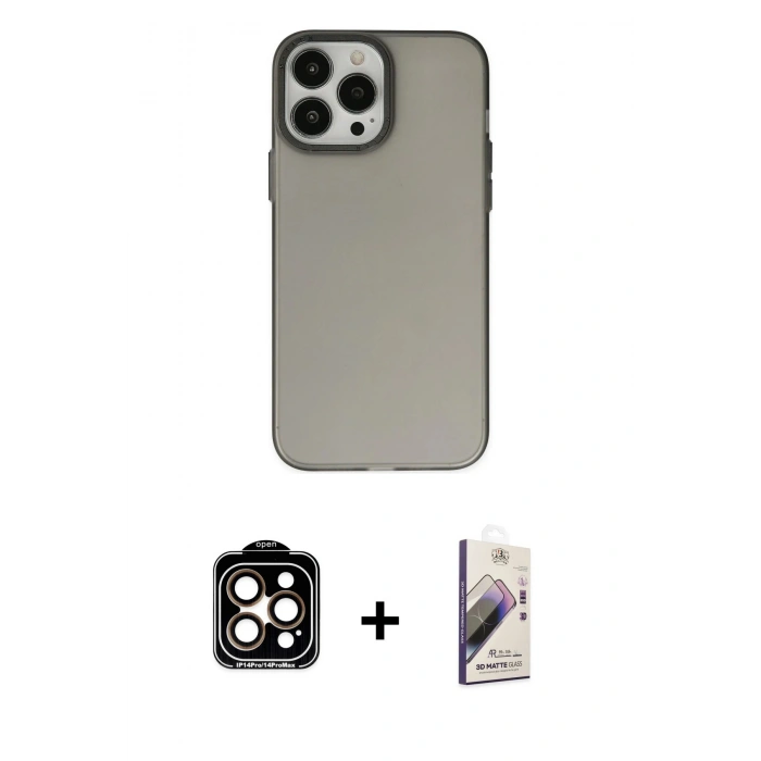 MARSİLYAN™- iPhone 14 Pro Max Kılıf Ahenk Çizgi Prime - Siyah Bilvis 3D Mat Cam Ekran Koruyucu + PVD Metal Kamera Lens - TU