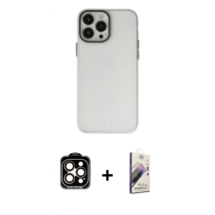 MARSİLYAN™- iPhone 14 Pro Max Kılıf Ahenk Çizgi Prime - Siyah Bilvis 3D Mat Cam Ekran Koruyucu + PVD Metal Kamera Lens - TU