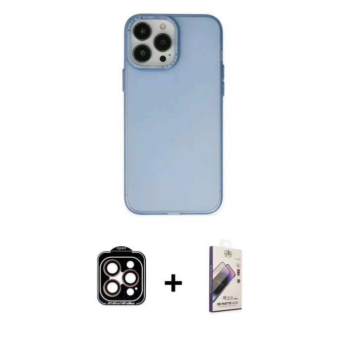 MARSİLYAN™- iPhone 14 Pro Max Kılıf Ahenk Çizgi Prime - Siyah Bilvis 3D Mat Cam Ekran Koruyucu + PVD Metal Kamera Lens - TU