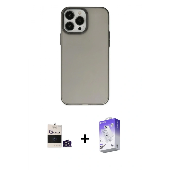 MARSİLYAN™- iPhone 14 Pro Max Kılıf Ahenk Çizgi Prime - Siyah Bilvis 5in1 3D Magic Cam Ekran Koruyucu + Derin Mor Bilvis Titan Kamera Lens