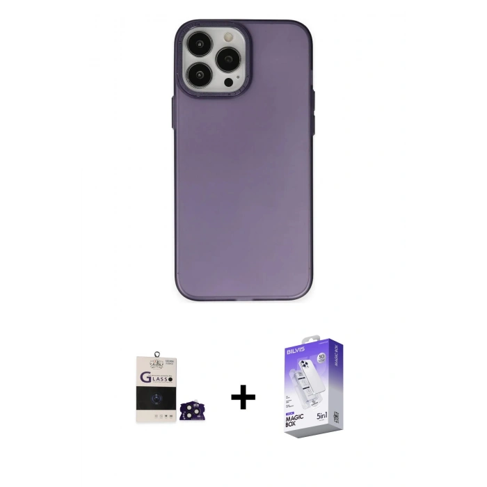 MARSİLYAN™- iPhone 14 Pro Max Kılıf Ahenk Çizgi Prime - Siyah Bilvis 5in1 3D Magic Cam Ekran Koruyucu + Derin Mor Bilvis Titan Kamera Lens