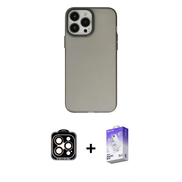MARSİLYAN™- iPhone 14 Pro Max Kılıf Ahenk Çizgi Prime - Siyah Bilvis 5in1 3D Magic Cam Ekran Koruyucu + PVD Metal Kamera Lens - TU