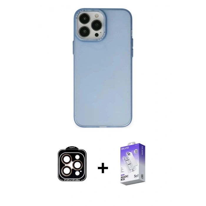 MARSİLYAN™- iPhone 14 Pro Max Kılıf Ahenk Çizgi Prime - Siyah Bilvis 5in1 3D Magic Cam Ekran Koruyucu + PVD Metal Kamera Lens - TU
