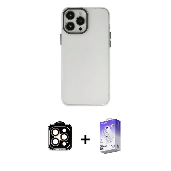 MARSİLYAN™- iPhone 14 Pro Max Kılıf Ahenk Çizgi Prime - Siyah Bilvis 5in1 3D Magic Cam Ekran Koruyucu + PVD Metal Kamera Lens - TU