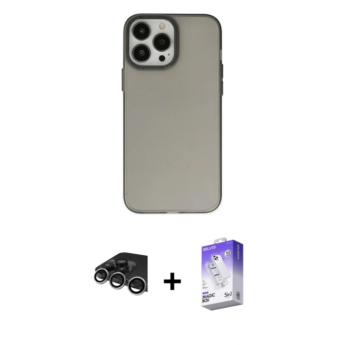 MARSİLYAN™- iPhone 14 Pro Max Kılıf Ahenk Çizgi Prime - Siyah Bilvis 5in1 3D Magic Cam Ekran Koruyucu + Raze Metal Kamera Lens - GS