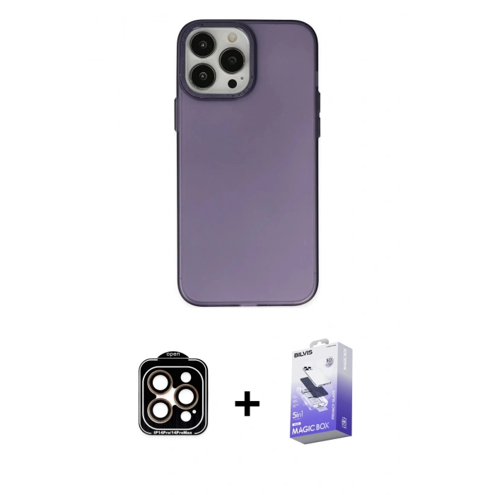 MARSİLYAN™- iPhone 14 Pro Max Kılıf Ahenk Çizgi Prime - Siyah Bilvis 5in1 5D Magic Hayalet Cam Ekran Koruyucu + PVD Metal Kamera Lens - TU