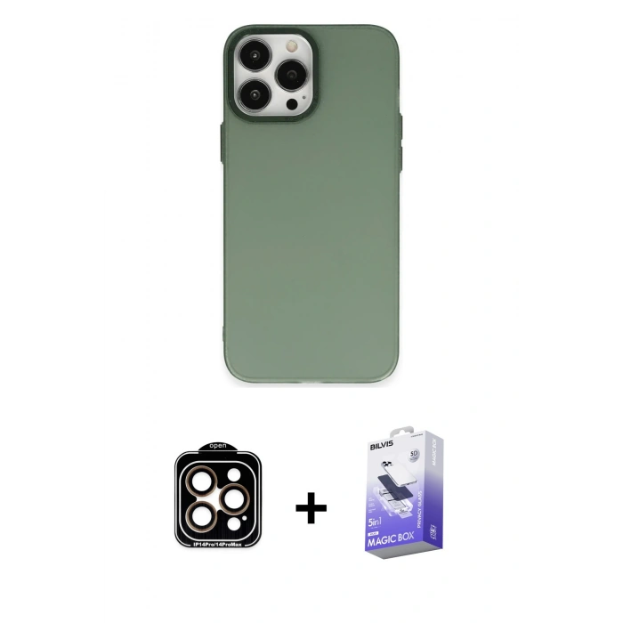 MARSİLYAN™- iPhone 14 Pro Max Kılıf Ahenk Çizgi Prime - Siyah Bilvis 5in1 5D Magic Hayalet Cam Ekran Koruyucu + PVD Metal Kamera Lens - TU