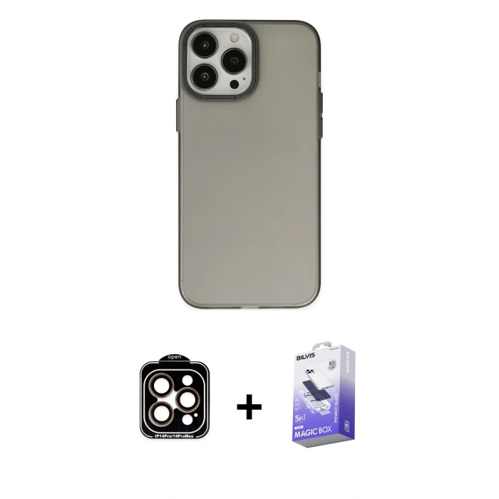 MARSİLYAN™- iPhone 14 Pro Max Kılıf Ahenk Çizgi Prime - Siyah Bilvis 5in1 5D Magic Hayalet Cam Ekran Koruyucu + PVD Metal Kamera Lens - TU