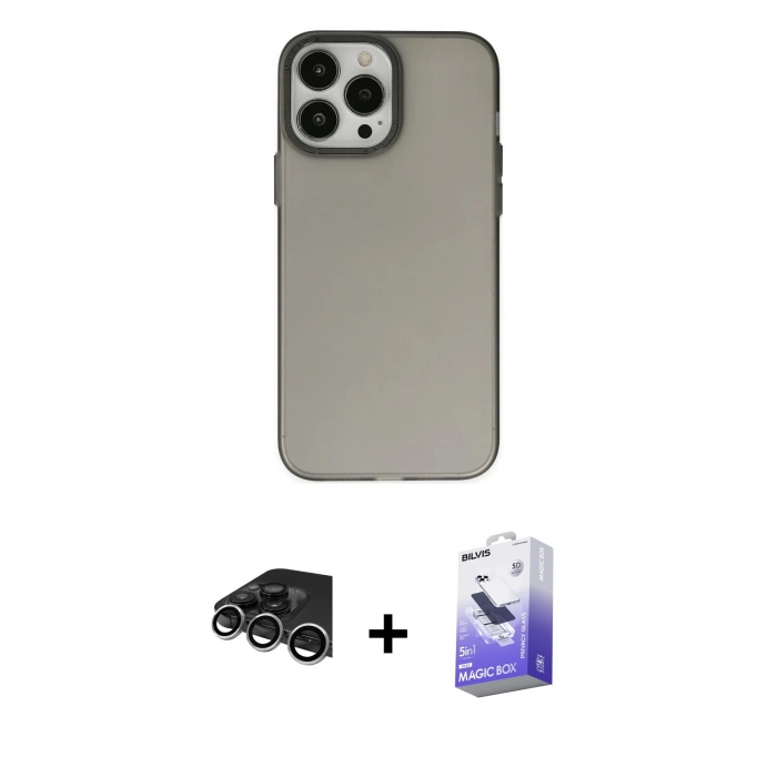 MARSİLYAN™- iPhone 14 Pro Max Kılıf Ahenk Çizgi Prime - Siyah Bilvis 5in1 5D Magic Hayalet Cam Ekran Koruyucu + Raze Metal Kamera Lens - GS