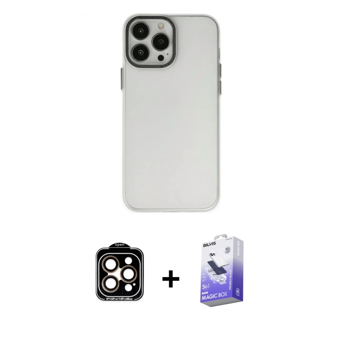 MARSİLYAN™- iPhone 14 Pro Max Kılıf Ahenk Çizgi Prime - Siyah Bilvis 5in1 5D Magic Hayalet Cam Ekran Koruyucu + PVD Metal Kamera Lens - TU