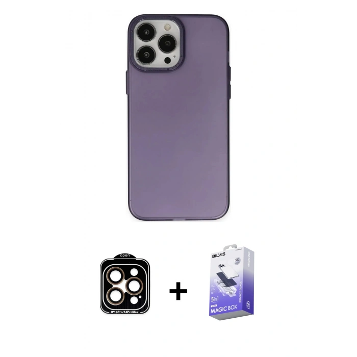 MARSİLYAN™- iPhone 14 Pro Max Kılıf Ahenk Çizgi Prime - Siyah Bilvis 5in1 5D Magic Hayalet Cam Ekran Koruyucu + PVD Metal Kamera Lens - TU