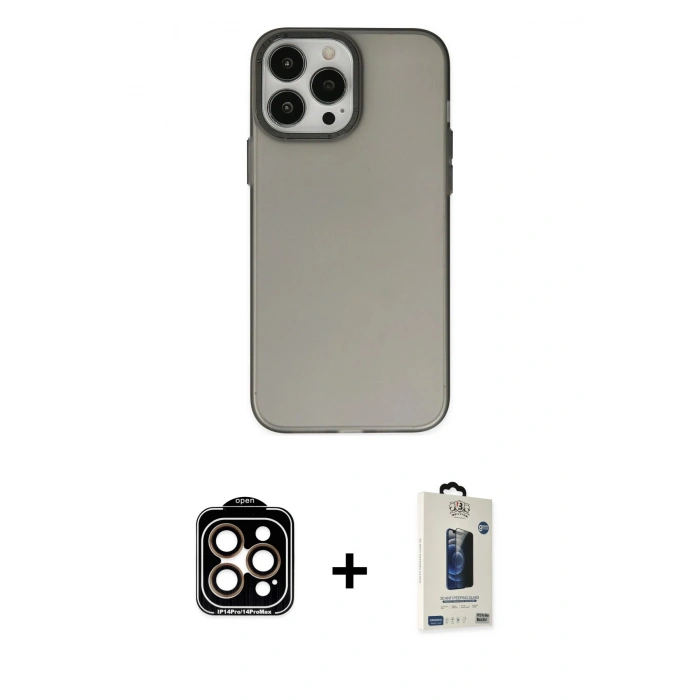 MARSİLYAN™- iPhone 14 Pro Max Kılıf Ahenk Çizgi Prime - Siyah Bilvis Hayalet Cam Ekran Koruyucu + PVD Metal Kamera Lens - TU